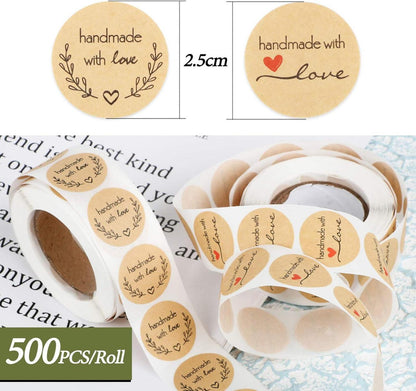 1000 STK Handmade with Love Aufkleber Sticker Kraft 2 Rollen