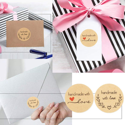 1000 Stk Handmade with Love Aufkleber Sticker Kraftpapier 2 Rollen