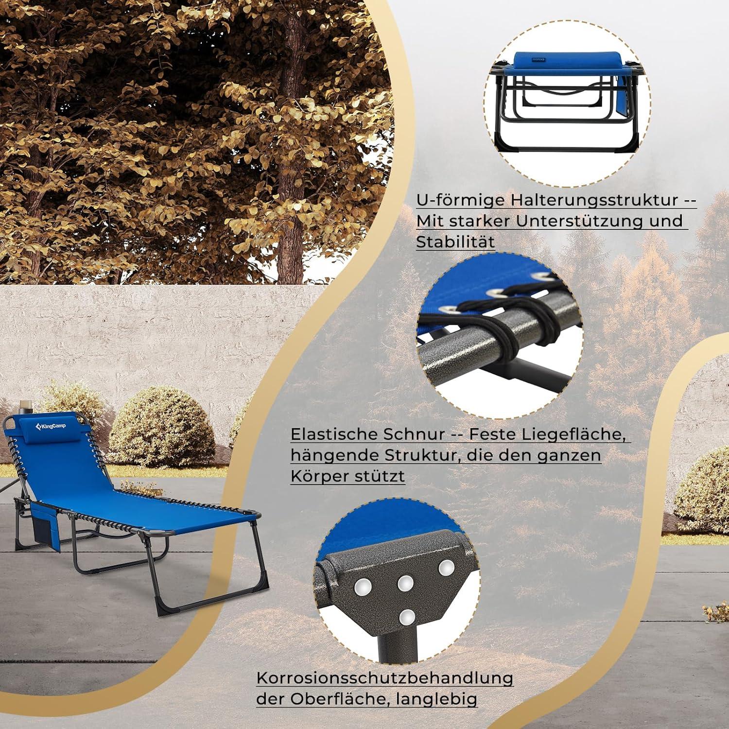 Campingliege klappbar 5-stufig verstellbar Liege mit Kopfkissen Blau