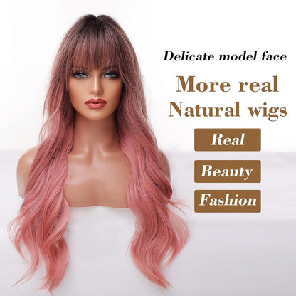 Lange gewellte Pink Ombre Perücke mit Pony – 26 Zoll