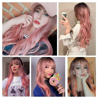 Lange gewellte Pink Ombre Perücke mit Pony – 26 Zoll