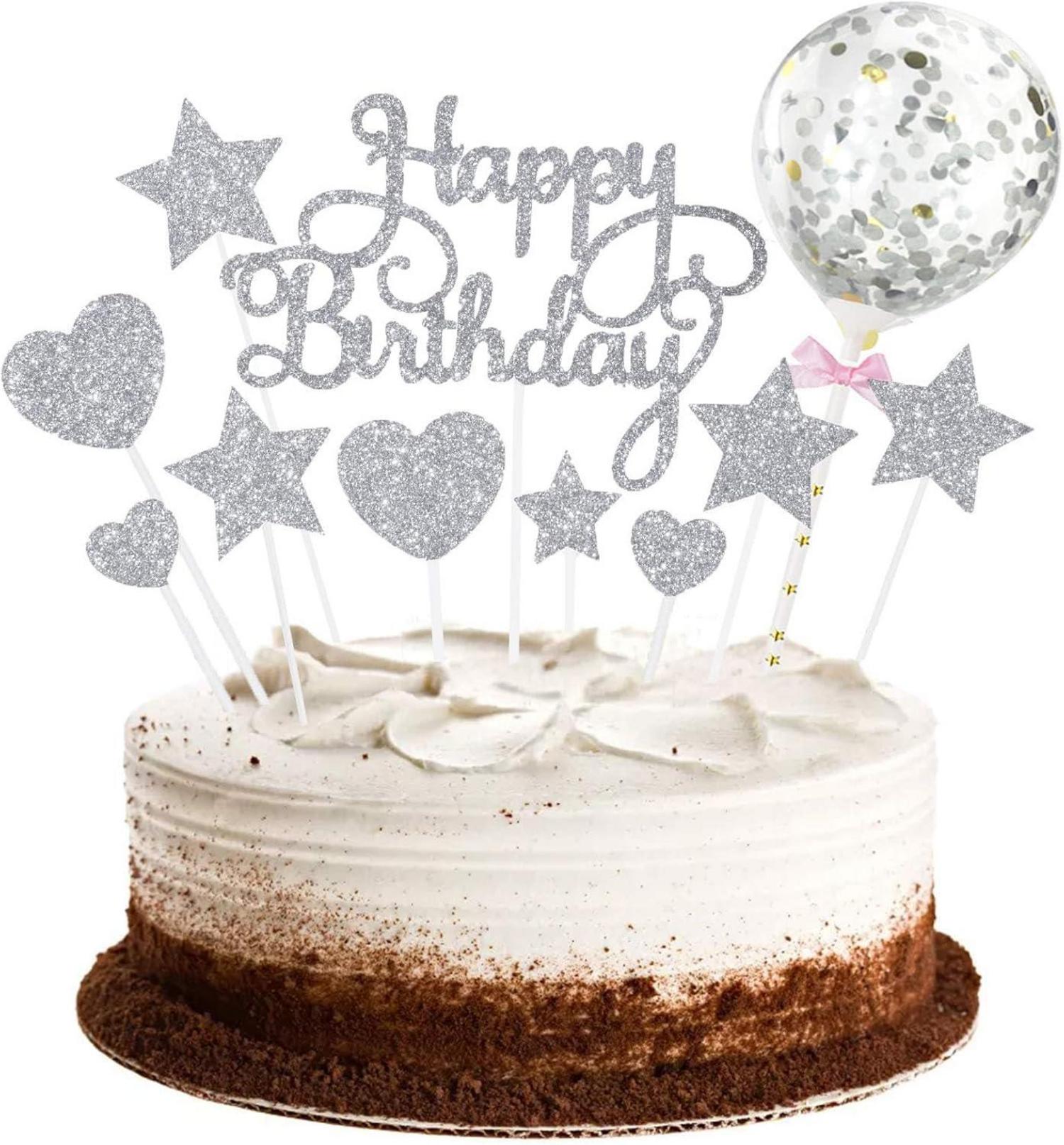 Kuchendeko Sterne Herz Cupcake Topper Glitzer Ballon Silber