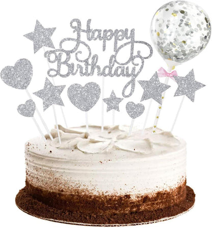Kuchendeko Sterne Herz Cupcake Topper Glitzer Ballon Silber