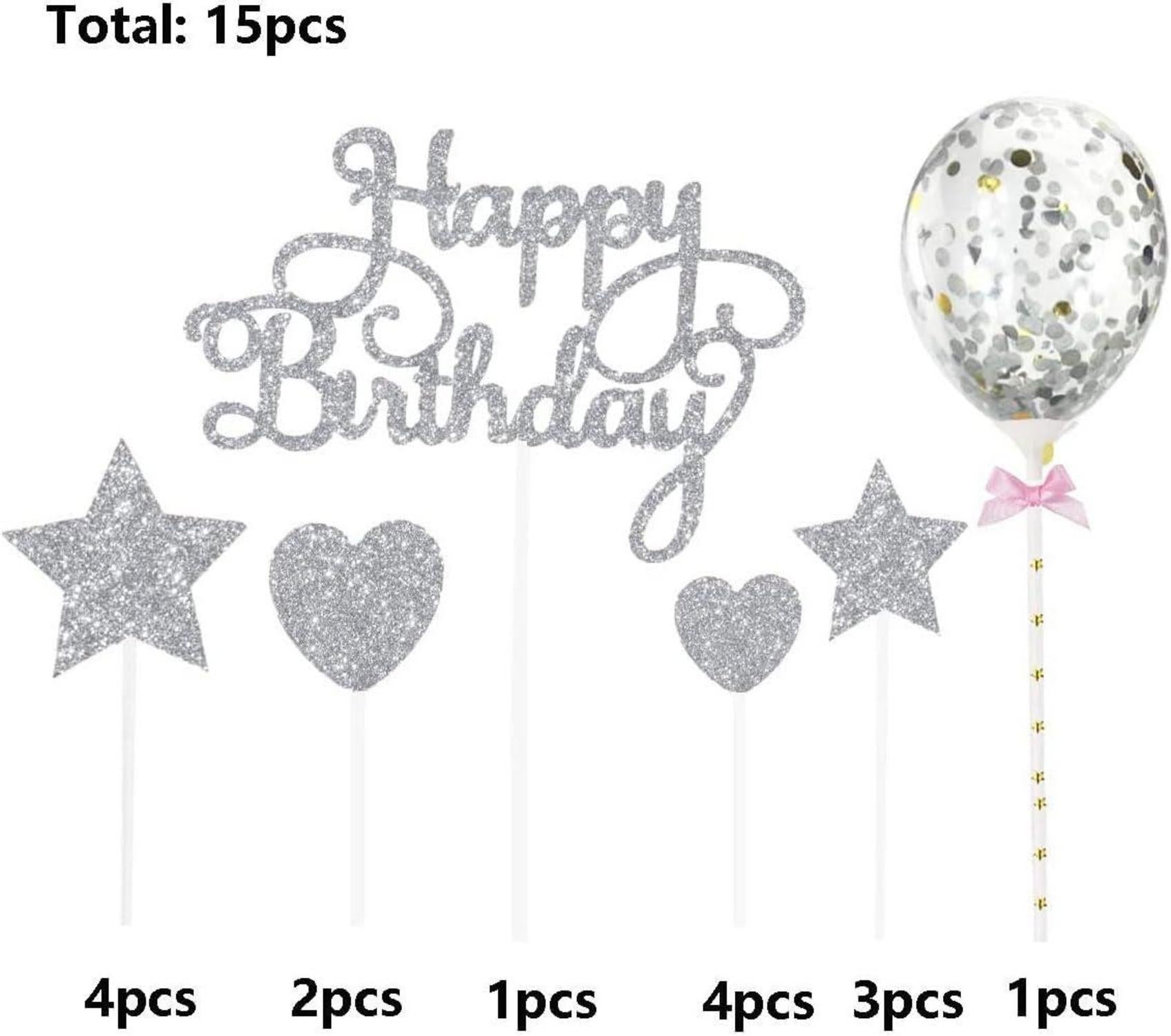 Kuchendeko Sterne Herz Cupcake Topper Glitzer Ballon Silber