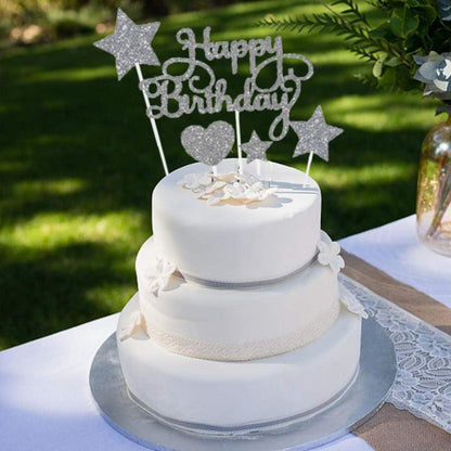 Kuchendeko Sterne Herz Cupcake Topper Glitzer Ballon Silber