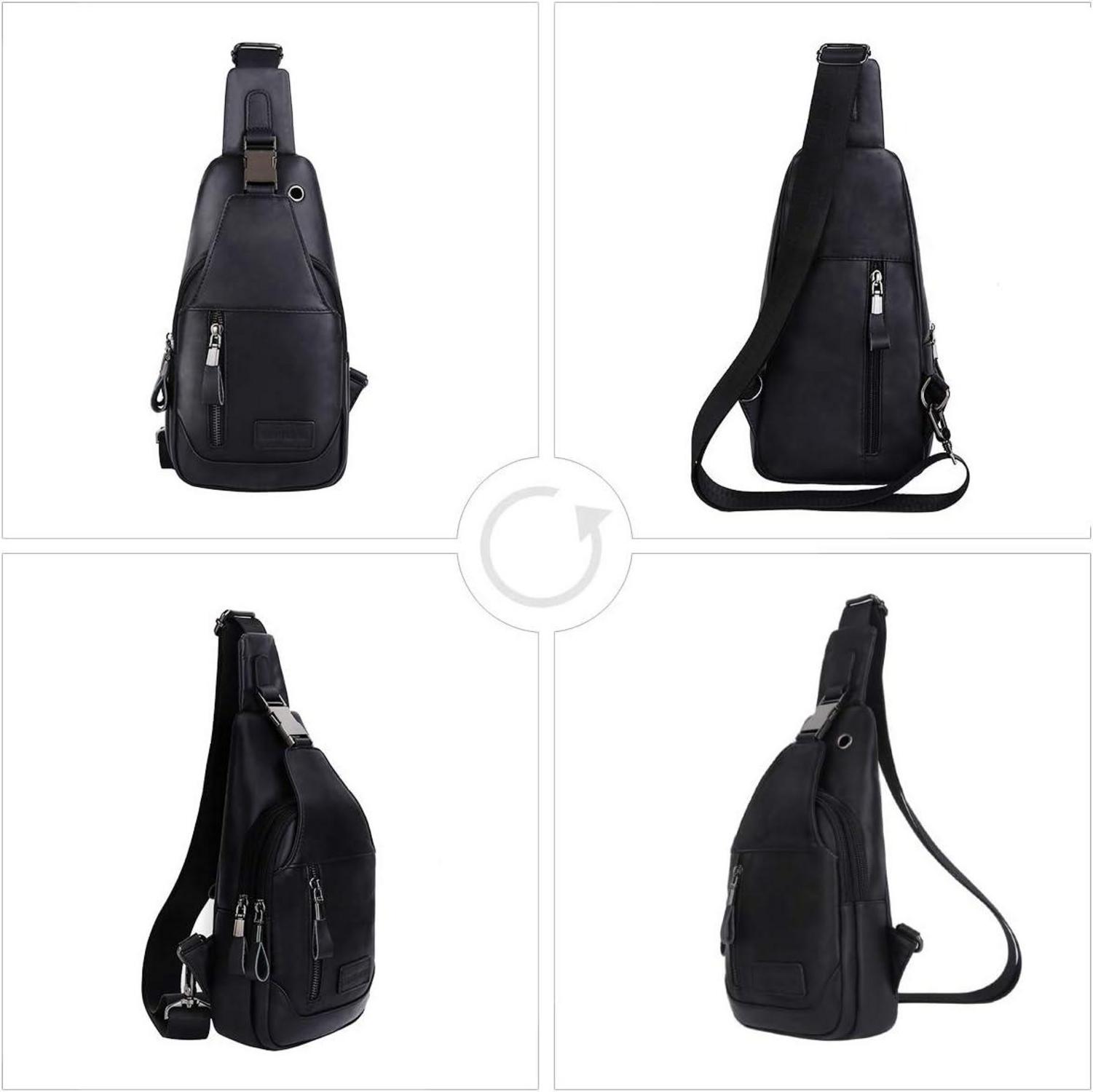 Leathario Brusttasche Herren echtes Leder Vintage Look Schwarz 30x17x8cm
