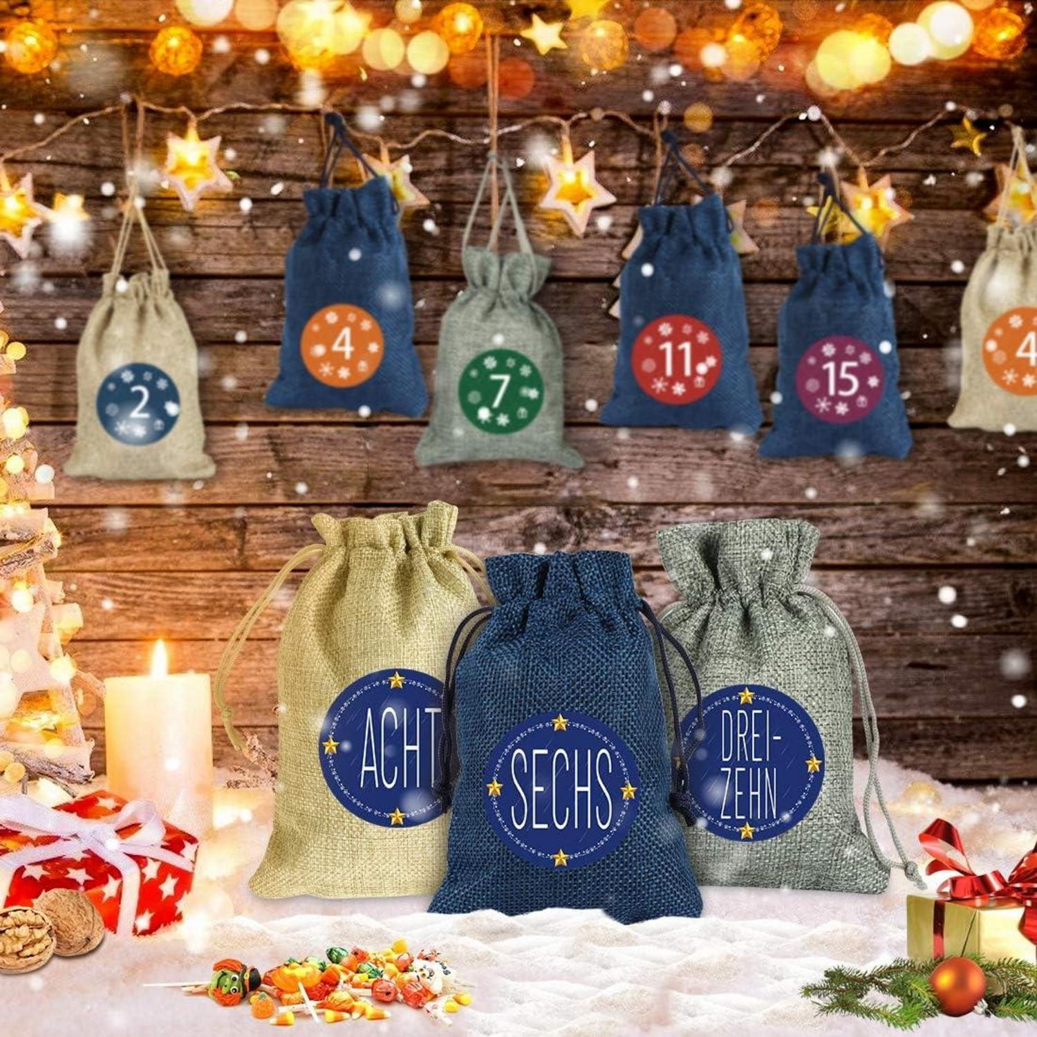 Adventskalender zum Befüllen mit 24 Jutesäckchen und Zubehör