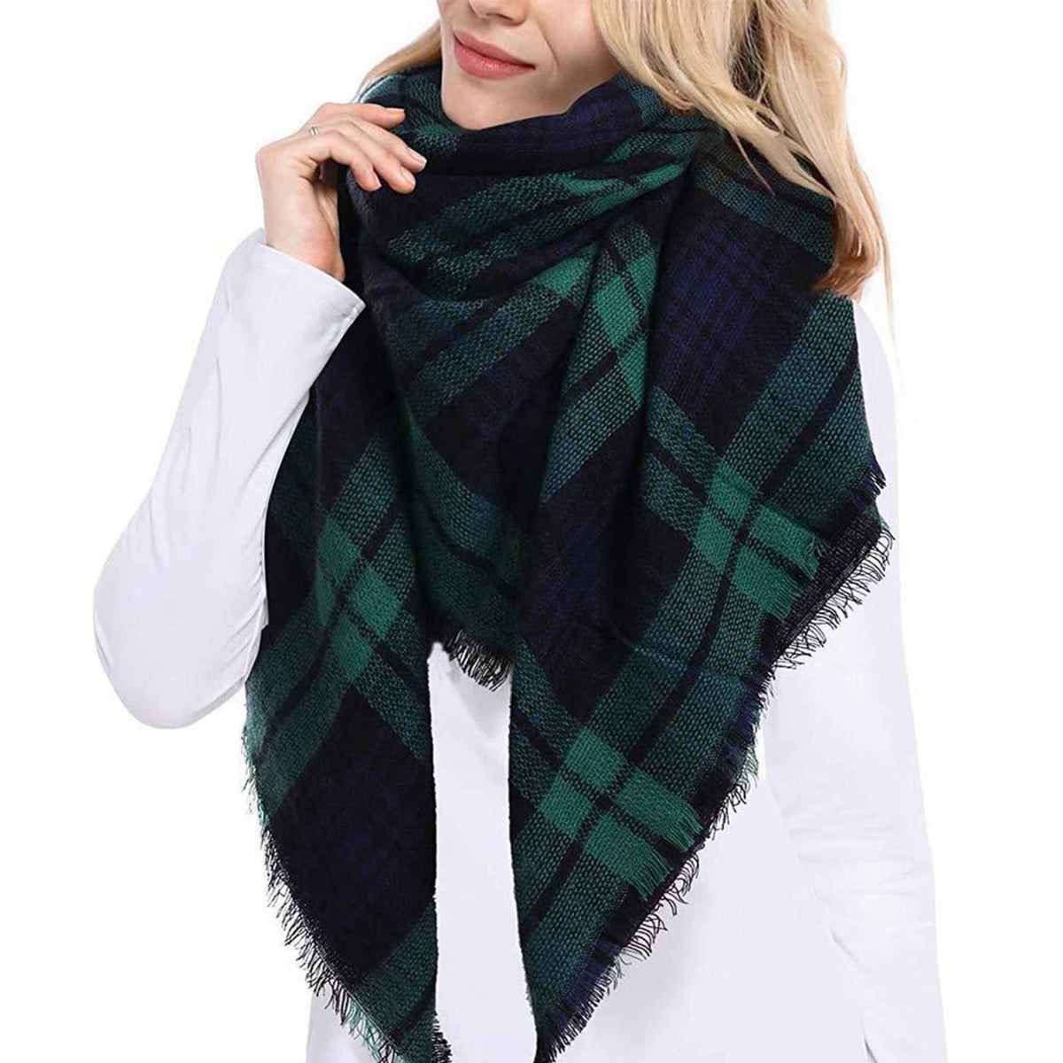 Schal Damen Karo Tartan Fransen Poncho Dunkelgrün