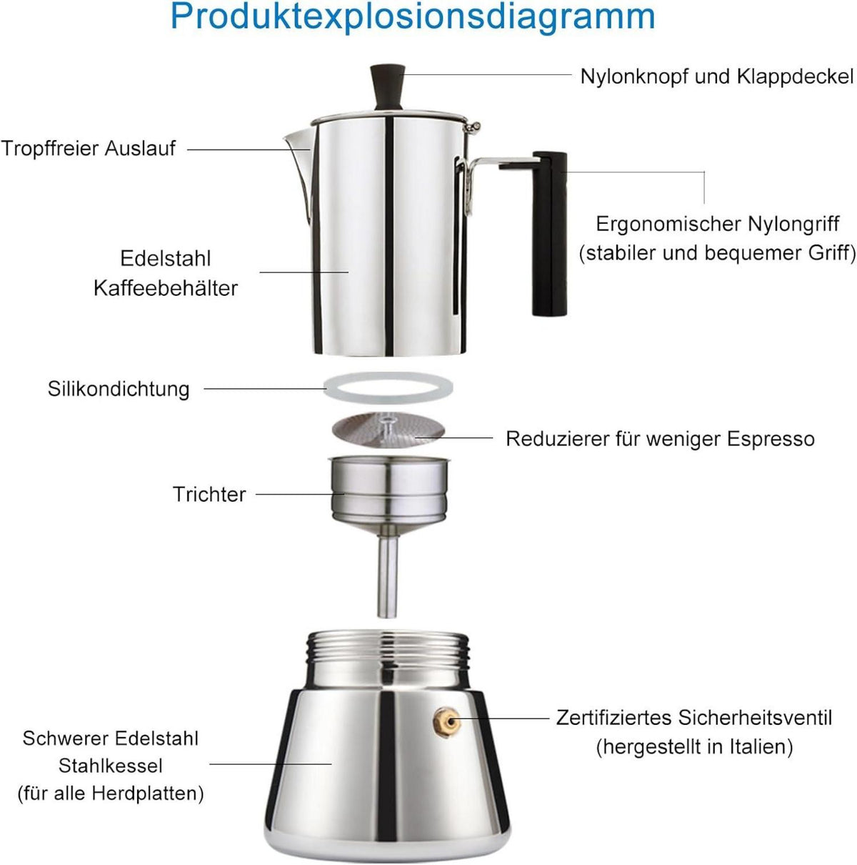 Espressokocher Edelstahl 4 Tassen 200ml Induktion Gas Herd Mokkakanne