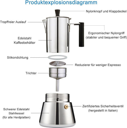 Espressokocher Edelstahl 4 Tassen 200ml Induktion Gas Herd Mokkakanne