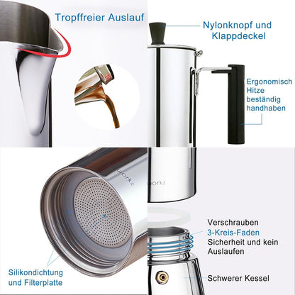 Espressokocher Edelstahl für 4 Tassen 200ml Induktion Gas Herde Silber
