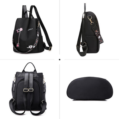 Wasserdichter Damen Rucksack Anti-Diebstahl Schulrucksack Blume Schwarz