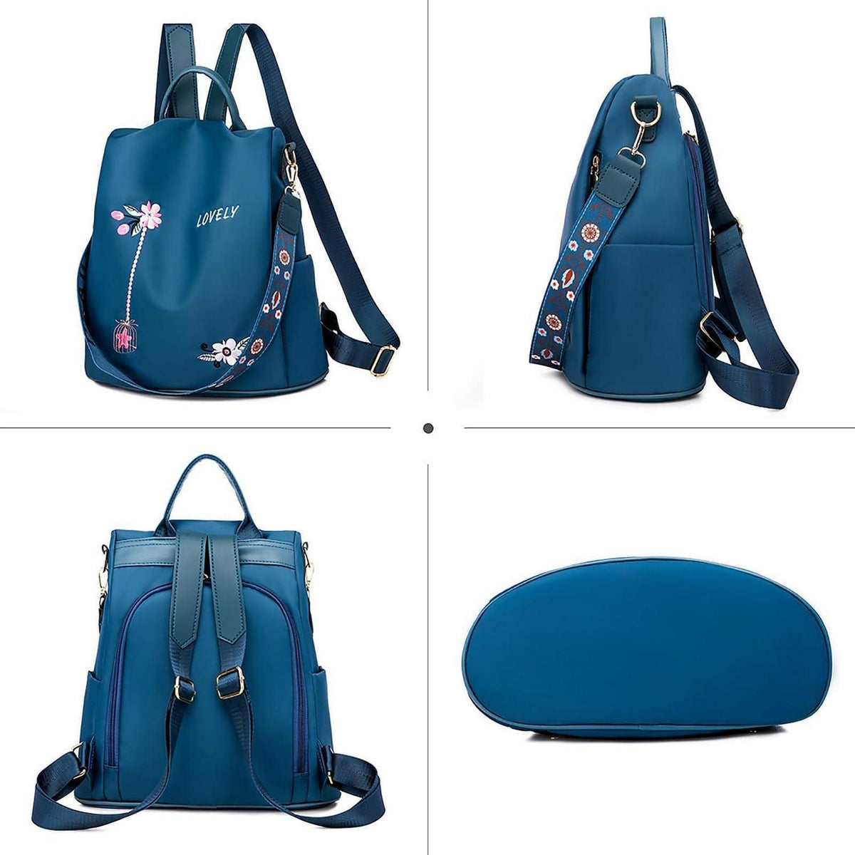 Wasserdichter Damen Rucksack Anti-Diebstahl Schulrucksack Blume Blau