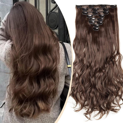 Gewellte Haarverlängerung 43cm Mittelbraun – 8-teiliges Set