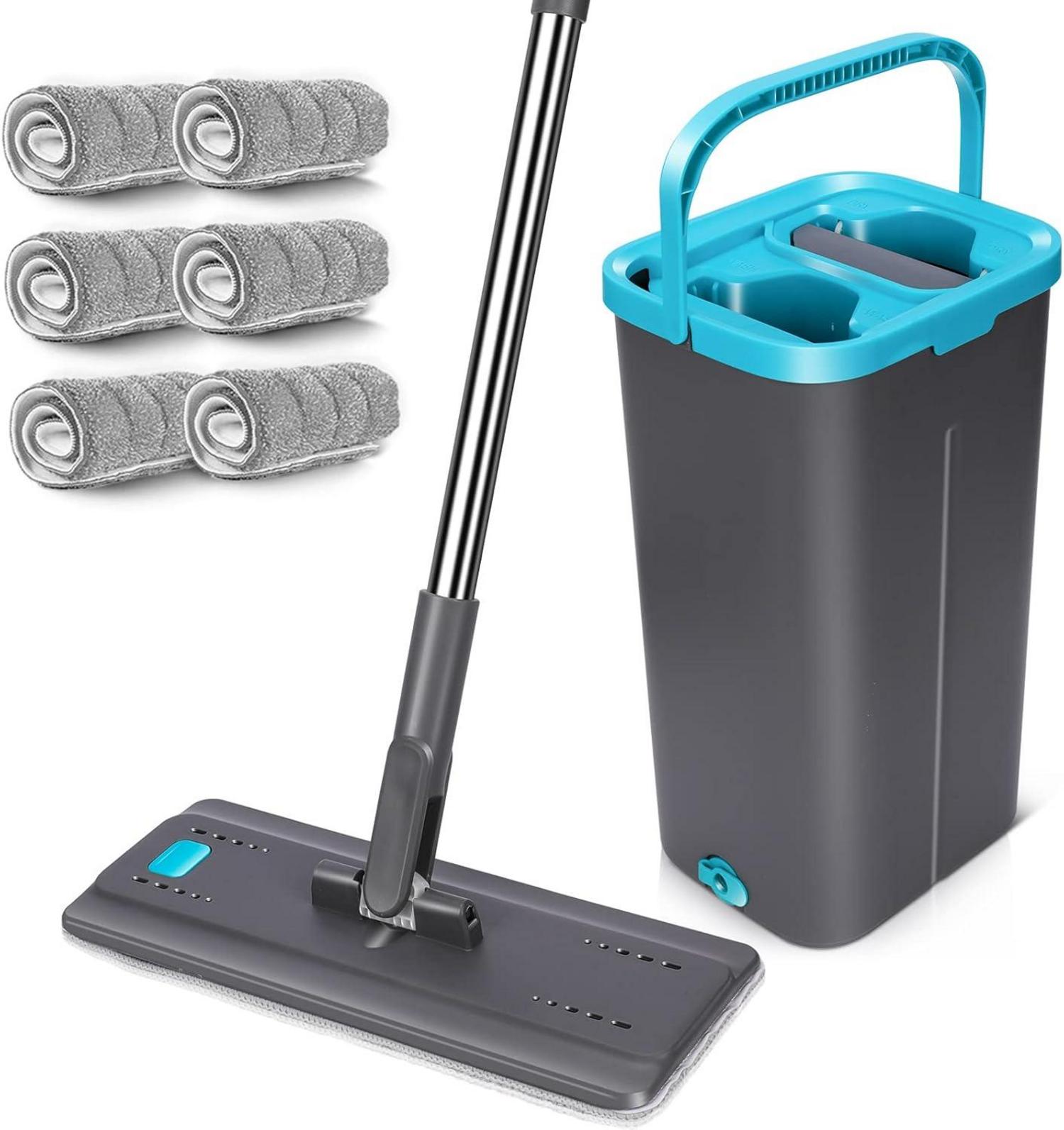 Wischmopp Set mit Eimer 2in1 Auswringfunktion 6 Mikrofaser Pads Blau