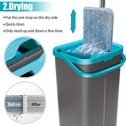 Wischmopp Set mit Eimer 2in1 Auswringfunktion 6 Mikrofaser Pads Blau