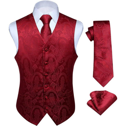 Herren Floral Seidenweste Set Burgund XS Hochzeit Jacquard