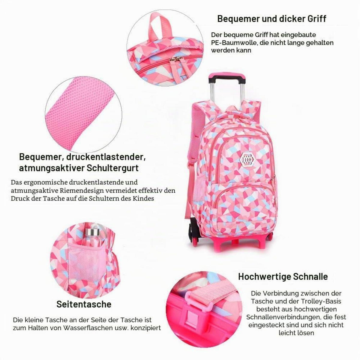 Trolley Schulranzen 6 Räder Blau – Wasserdichter Rucksack für Mädchen