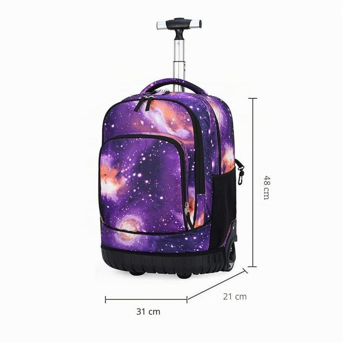 Trolley Rucksack Schulranzen mit Rollen – Lila Sternenhimmel