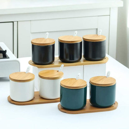 Elegante 260ml Keramik Gewürzdose Salztopf Zuckerdose mit Bambus Deckel und