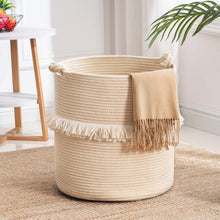 Boho Deko Wäschekorb aus Baumwolle Seil Geflochten 40x43cm Beige
