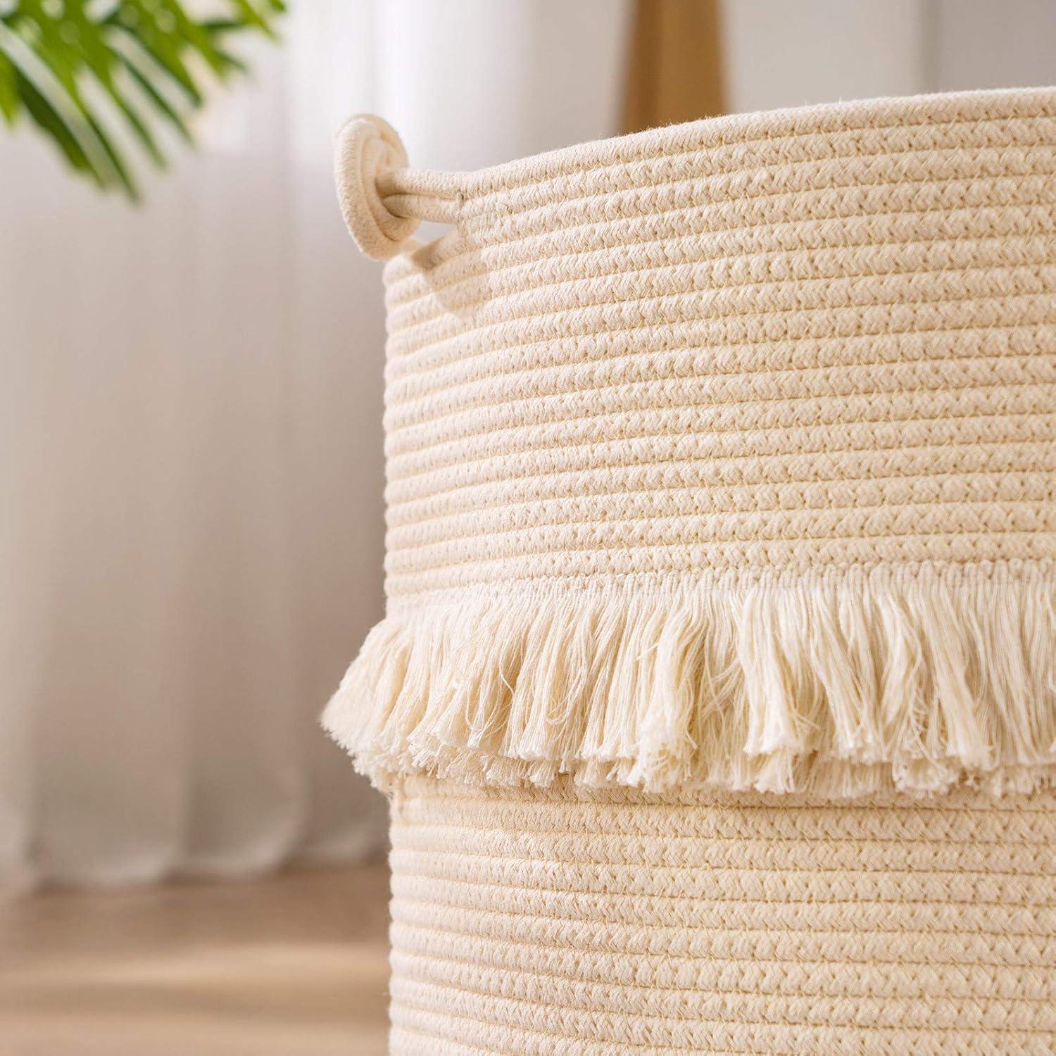 Boho Deko Wäschekorb aus Baumwolle Seil Geflochten 40x43cm Beige