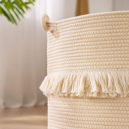 Boho Deko Wäschekorb aus Baumwolle Seil Geflochten 40x43cm Beige