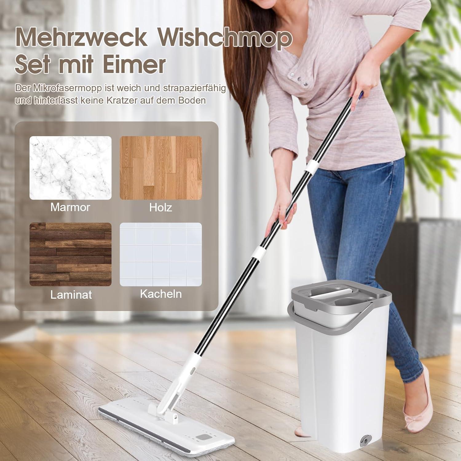 MASTERTOP Wischmopp Set Eimer Flachmopp Bodenwischer 10 Pads