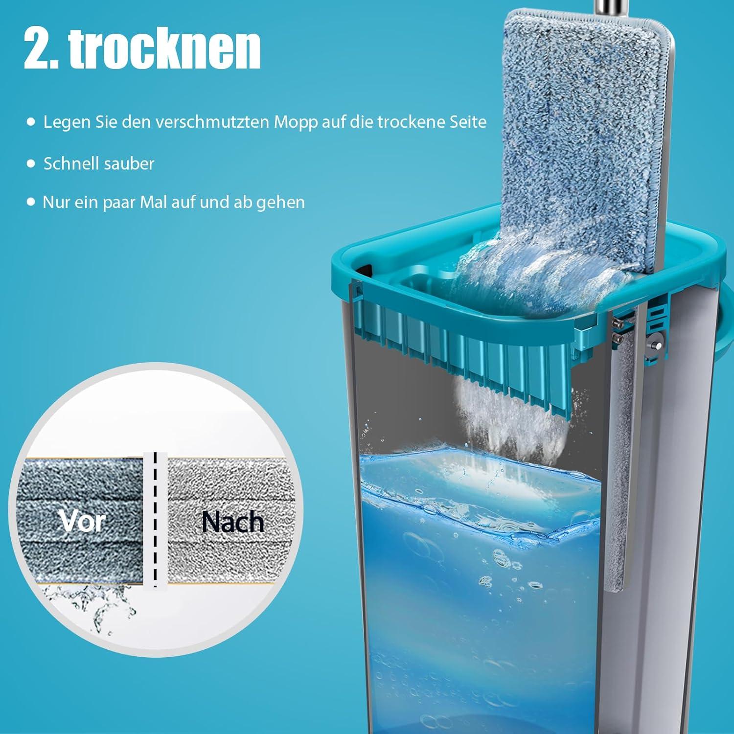 Wischmopp Set mit Eimer und 6 Mikrofaser Wischpads, Edelstahlgriff, Auswringfunktion, Alle Bodentypen