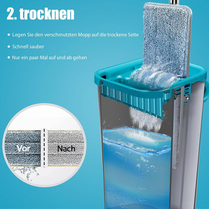 Wischmopp Set mit Eimer und 6 Mikrofaser Wischpads, Edelstahlgriff, Auswringfunktion, Alle Bodentypen