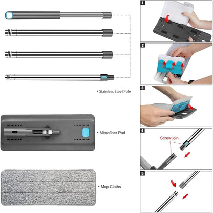 Wischmopp Set mit Eimer und 6 Mikrofaser Wischpads, Edelstahlgriff, Auswringfunktion, Alle Bodentypen