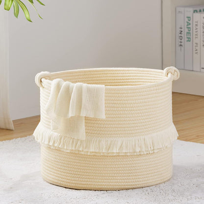Handgeflochtener Wäschekorb aus Baumwolle Seil Beige 40x33cm