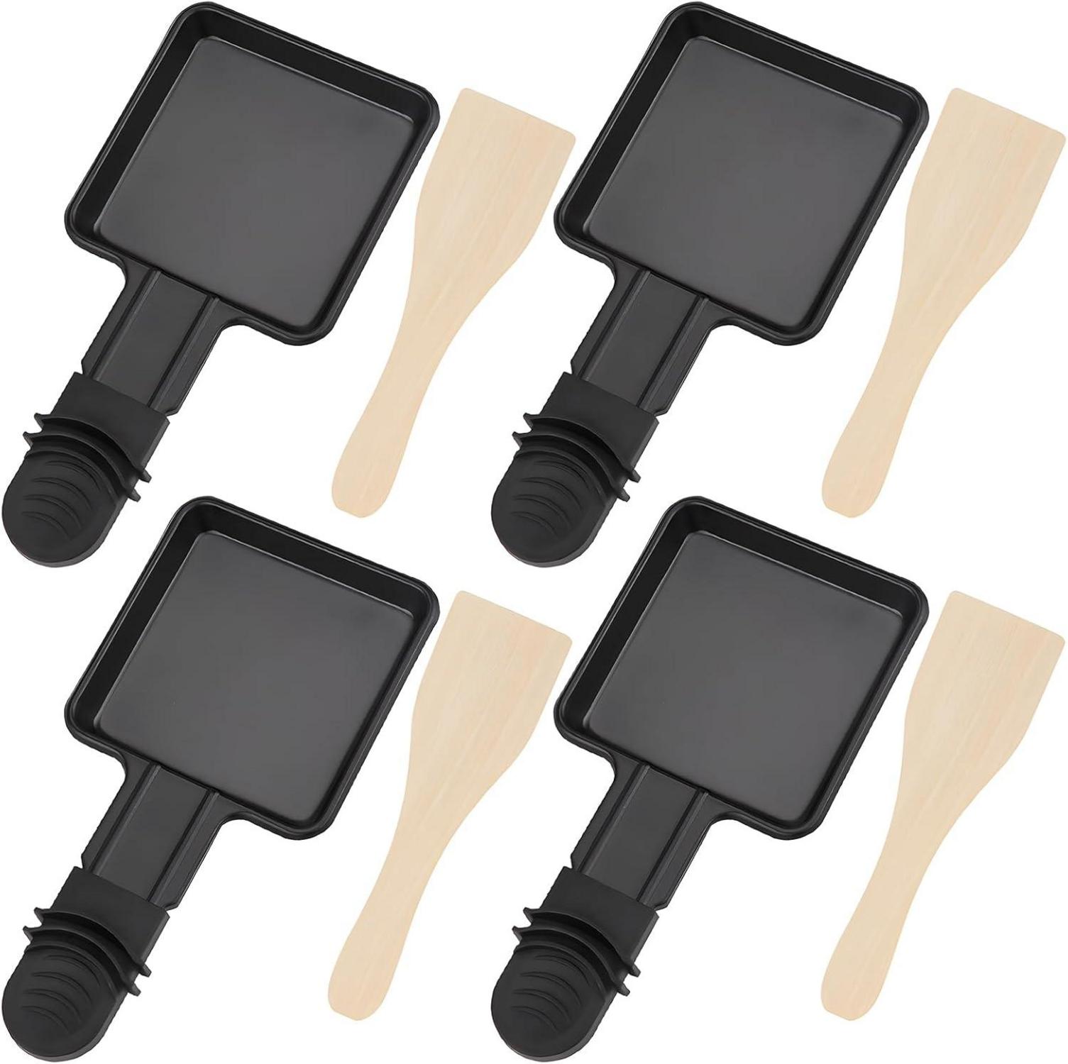 4er Set Antihaft Raclette Pfännchen mit Holzschaufel 18x9x1,5cm
