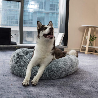 Hundebett Donut Plüsch 110cm Hellgrau – Tiefschlaf Kissen