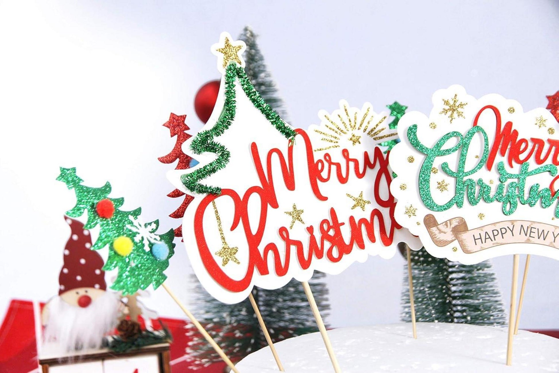 Weihnachtsbaum Cake Topper Set: 5 Stück Merry Christmas Regendeko