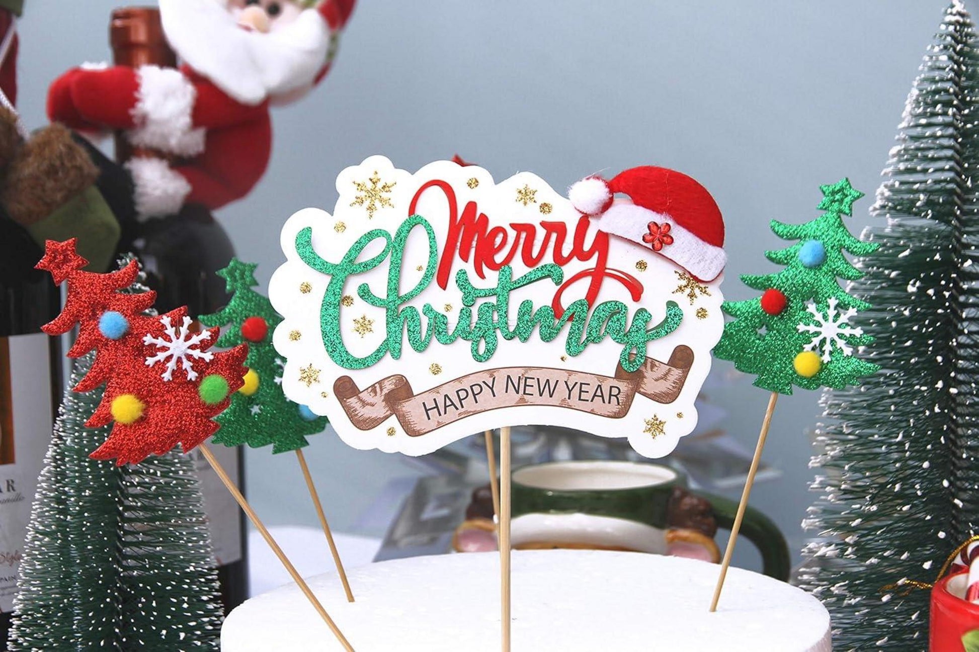 Regendeko Weihnachtsbaum Cake Topper Weihnachtsmütze 5 Stück