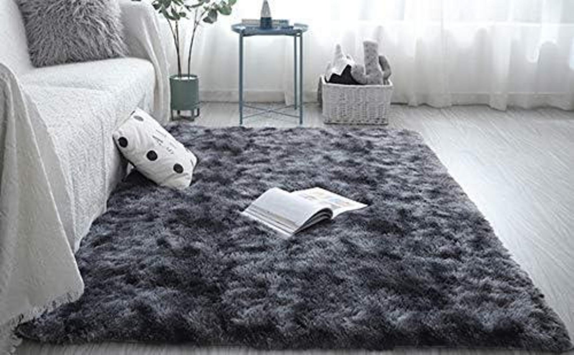 Hochflor Teppich Wohnzimmer Schlafzimmer Schwarz Grau 160x230cm Flauschig
