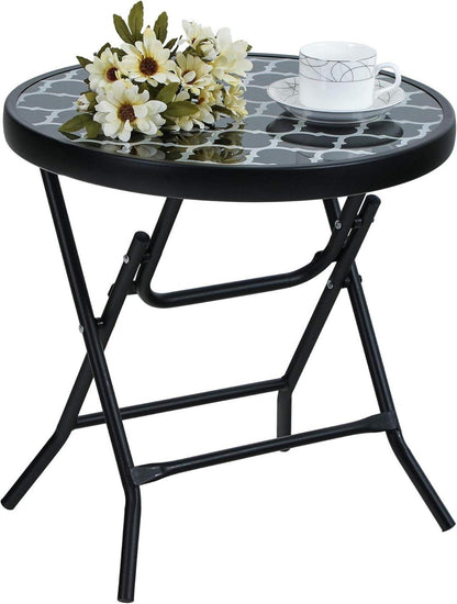 Klappbarer Runder Gartentisch Glas Metall Balkontisch Schwarz