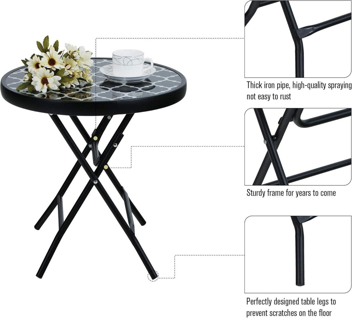 Klappbarer Runder Beistelltisch Glas Metall Gartentisch Balkon Schwarz