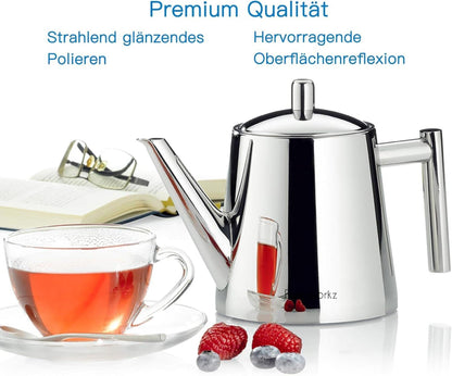 Teekanne Edelstahl mit Siebeinsatz 1,5l für Früchte Kräuter Tee