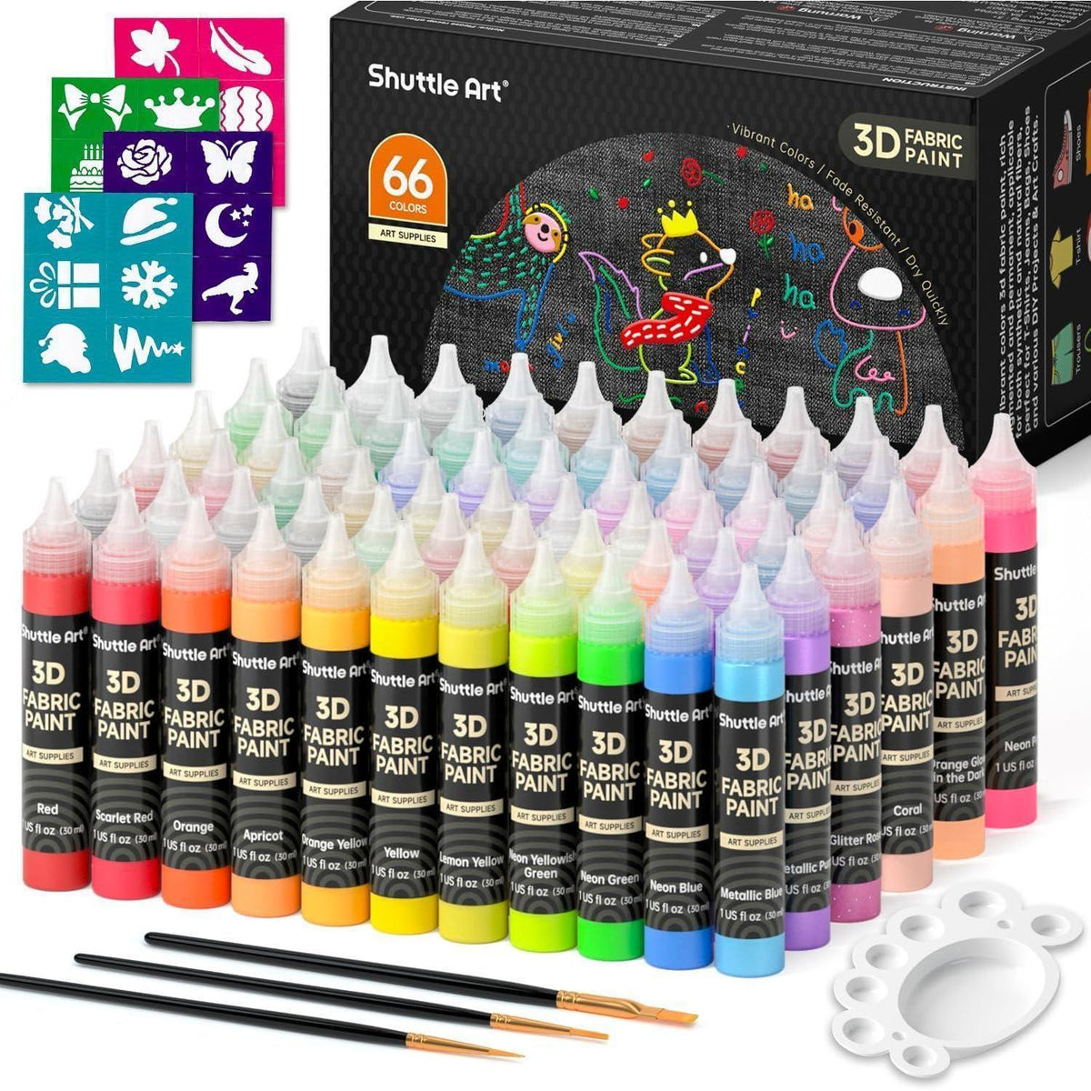 3D Textilfarben Set, 66 Farben, Waschfest, Metallic, Neon, Glitzer