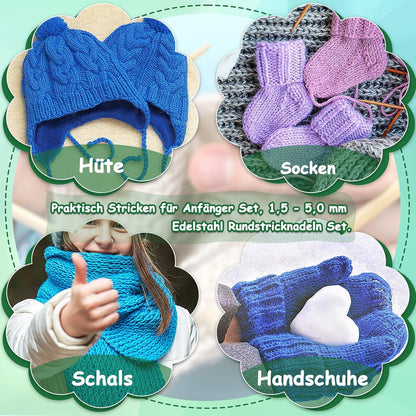 Rundstricknadeln Set 11 Stück Edelstahl Metall 60 cm, Strickzubehör