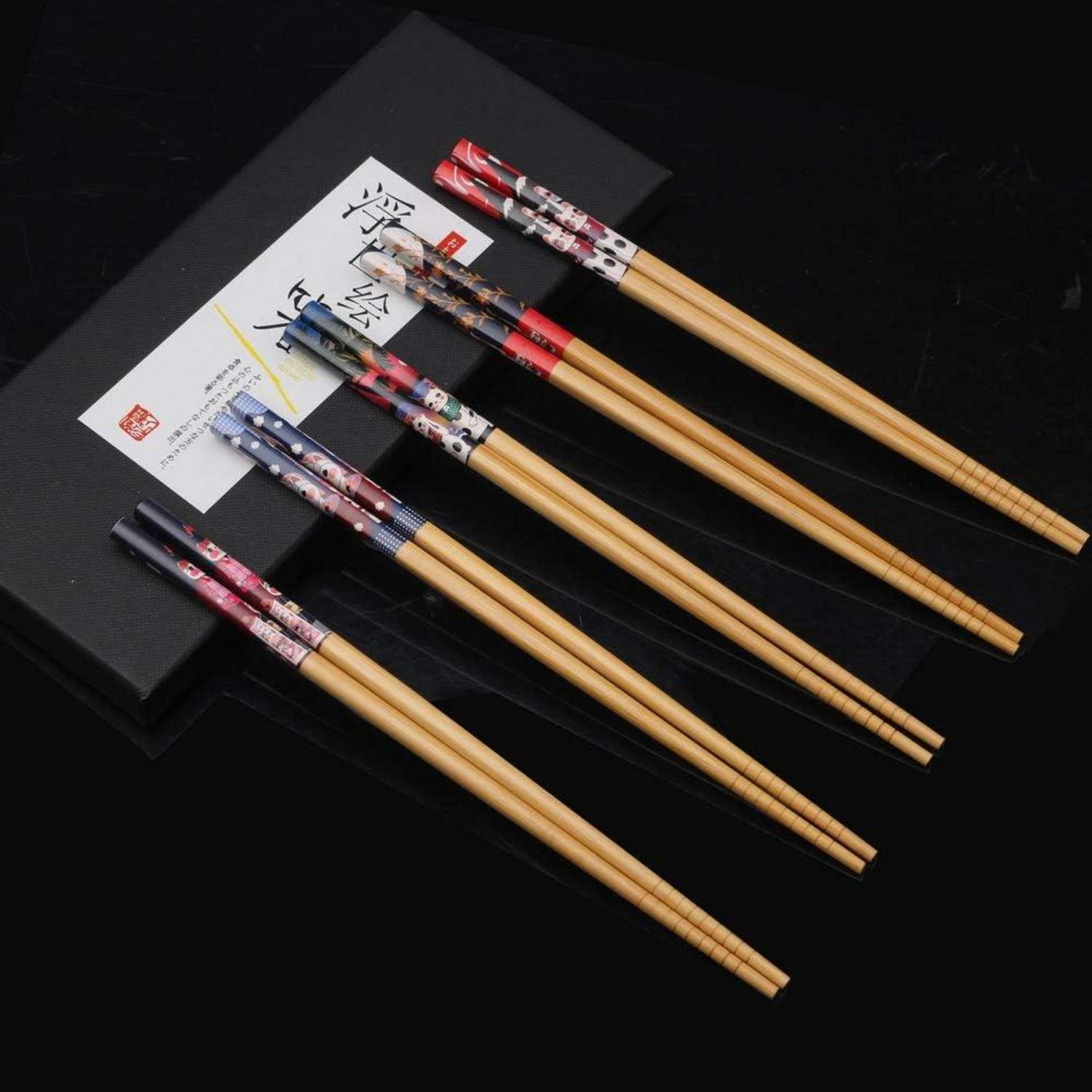 5 Paar Japanische Essstäbchen aus Bambus - Spülmaschinenfest - Luxuriöse Schwarz Handgemachte Box