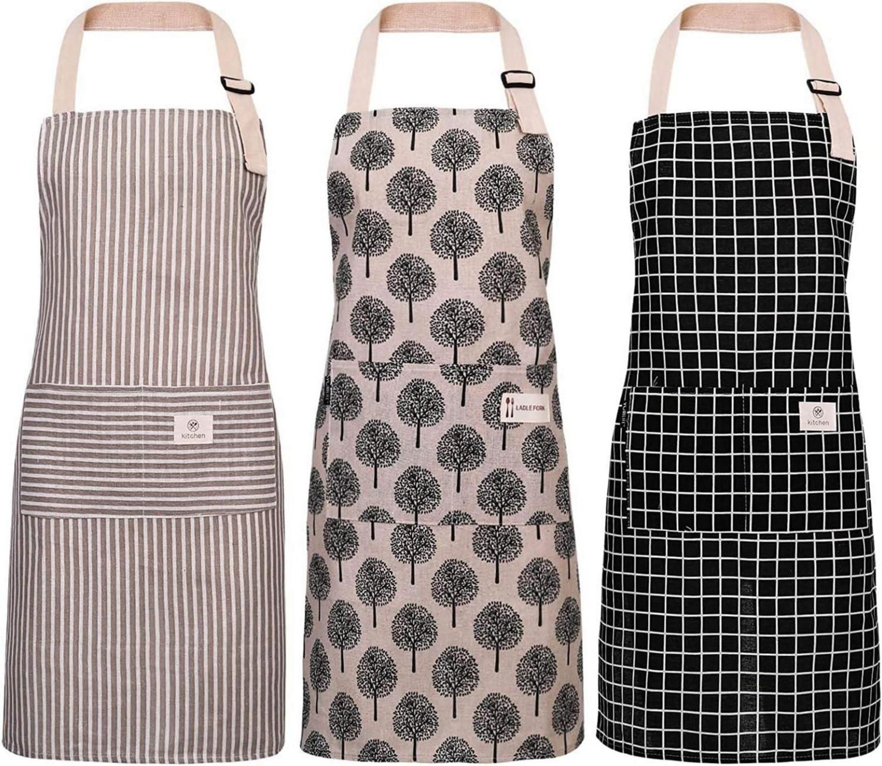 Küchenschürze 3er Set Baumwolle Leinen Wasserdicht Verstellbar Taschen