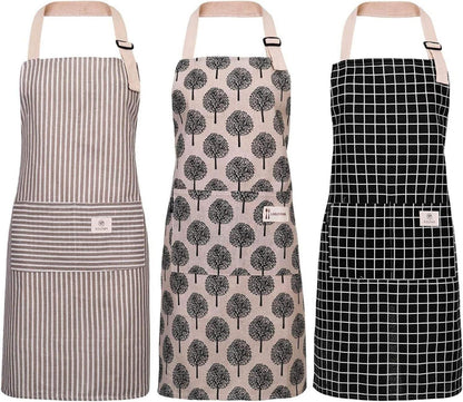 Küchenschürze 3er Set Baumwolle Leinen Wasserdicht Verstellbar Taschen