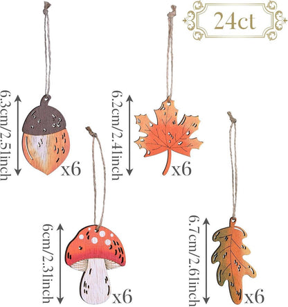 Holz Deko Hänger Herbst Pilz Ahornblatt Kiefernzapfen 24er Set