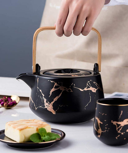 Japanisches Keramik Teeset für 4 Personen mit Holztablett - Schwarz
