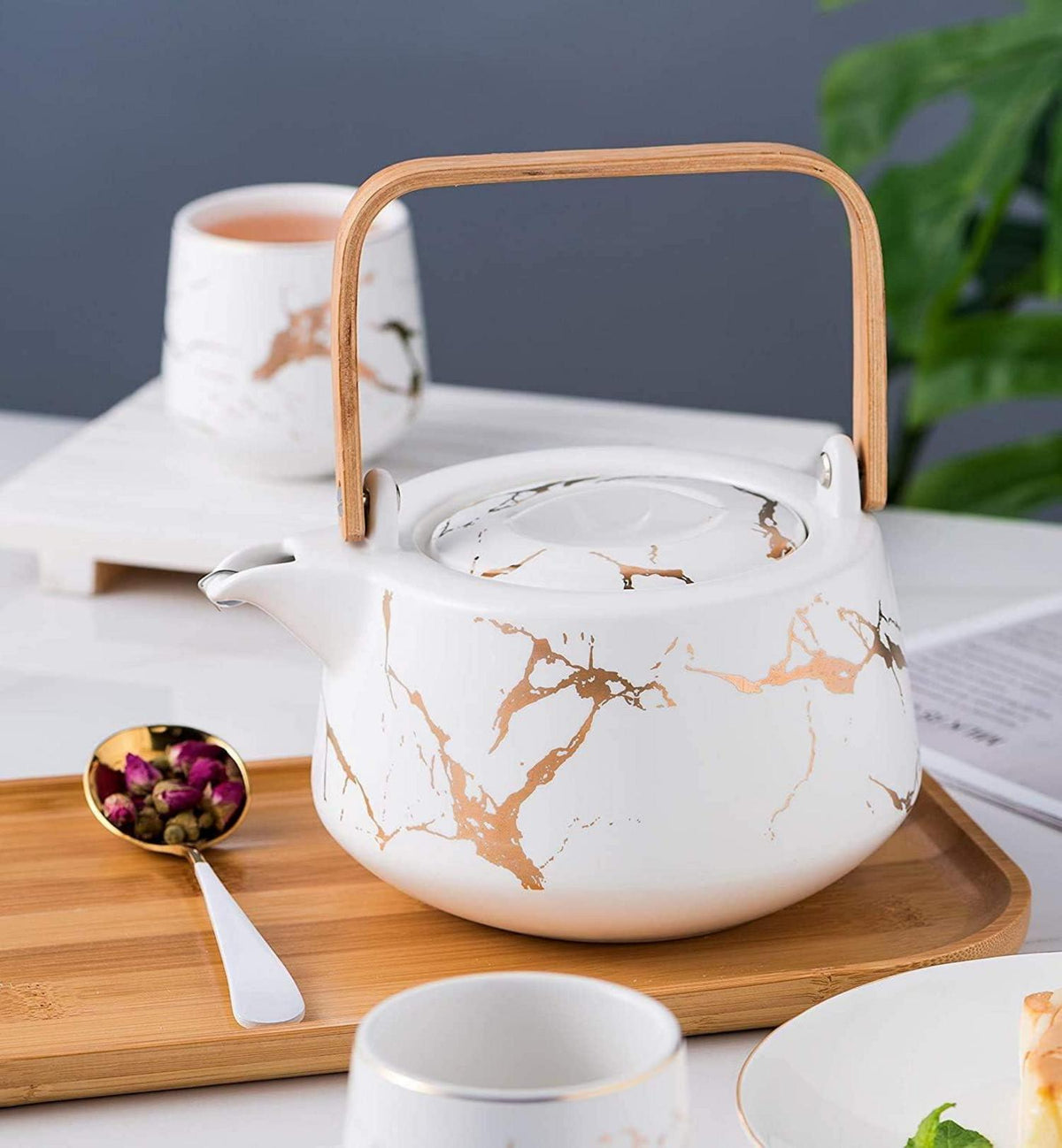 Japanischer Stil Keramik Teeset mit Teekanne, 4 Teetassen, Holztablett