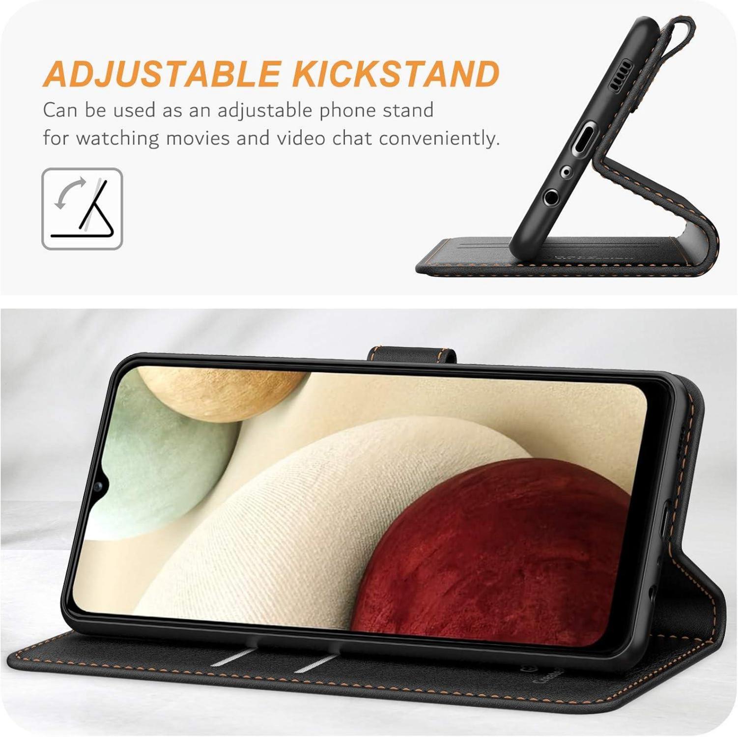 Samsung Galaxy A12/M12 Handyhülle Schwarz Leder Flipcase mit Kartenschlitzen Magnetverschluss Standfunktion