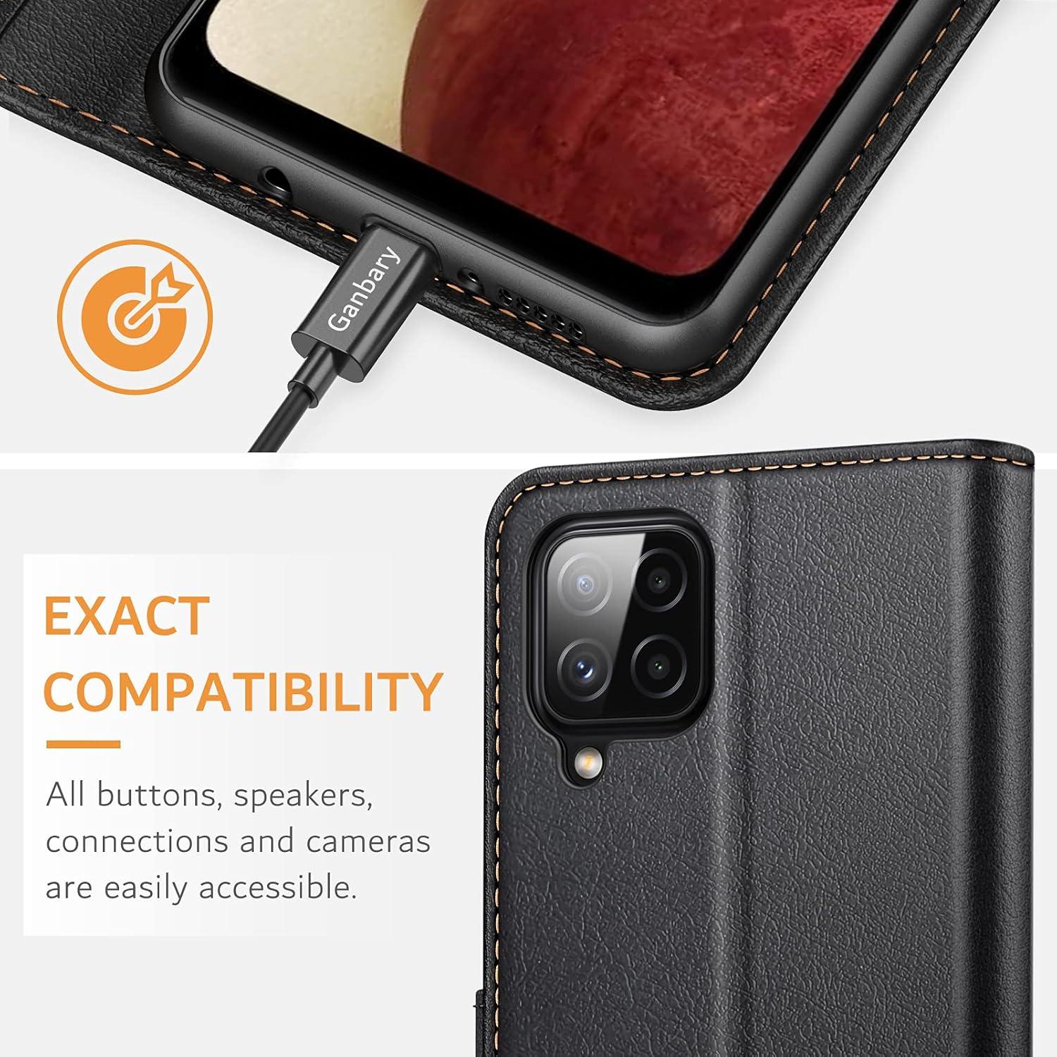 Samsung Galaxy A12/M12 Leder Handyhülle Schwarz - Kartenschlitze & Standfunktion